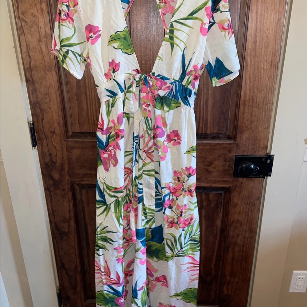 Billabong Open Back Tropical Sundress, Short Sleeves, Maxi Dress, Large NWOT